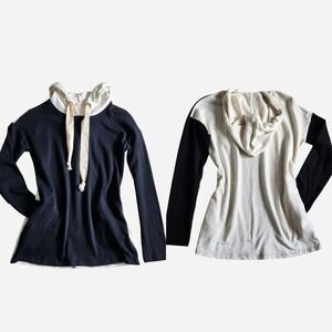 Hem & Thread Cotton Two Tone Color Cotton Black White Hoodie Pockets Strap